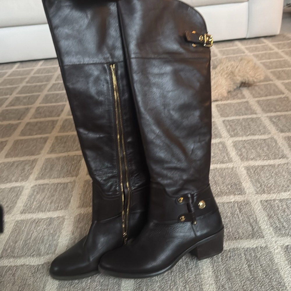 Vince Camuto tall knee high brown leather boots gold hardware Brooklee - Picture 2 of 9